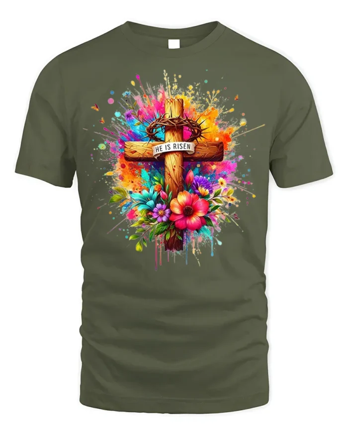 He Is Risen Floral Cross T-Shirt with Color Splash Design - military green t-shirt on white background