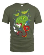 Trippy Brain Cartoon T-Shirt with Flying Eyeballs Design - military green t-shirt on white background