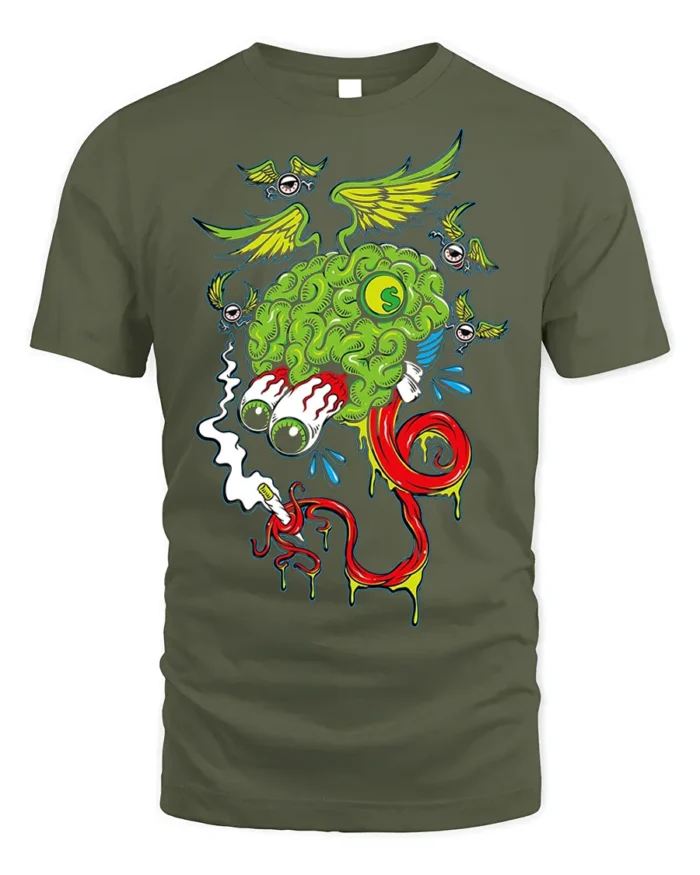Trippy Brain Cartoon T-Shirt with Flying Eyeballs Design - military green t-shirt on white background