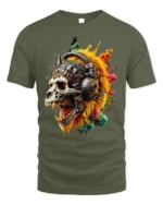 Cyberpunk Lion Skull T-Shirt with Futuristic Headphones - military green t-shirt on white background