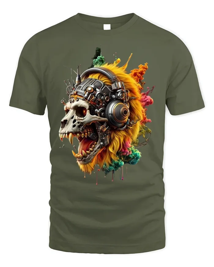Cyberpunk Lion Skull T-Shirt with Futuristic Headphones - military green t-shirt on white background