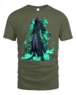 Shadow Mage Fantasy T-Shirt with Glowing Green Flames - military green t-shirt on white background