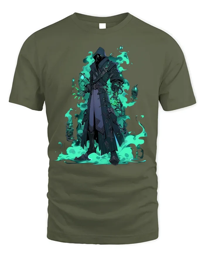 Shadow Mage Fantasy T-Shirt with Glowing Green Flames - military green t-shirt on white background