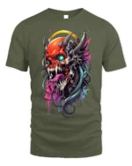 Demon Skull T-Shirt with Neon Tongue and Glowing Eyes - military green t-shirt on white background