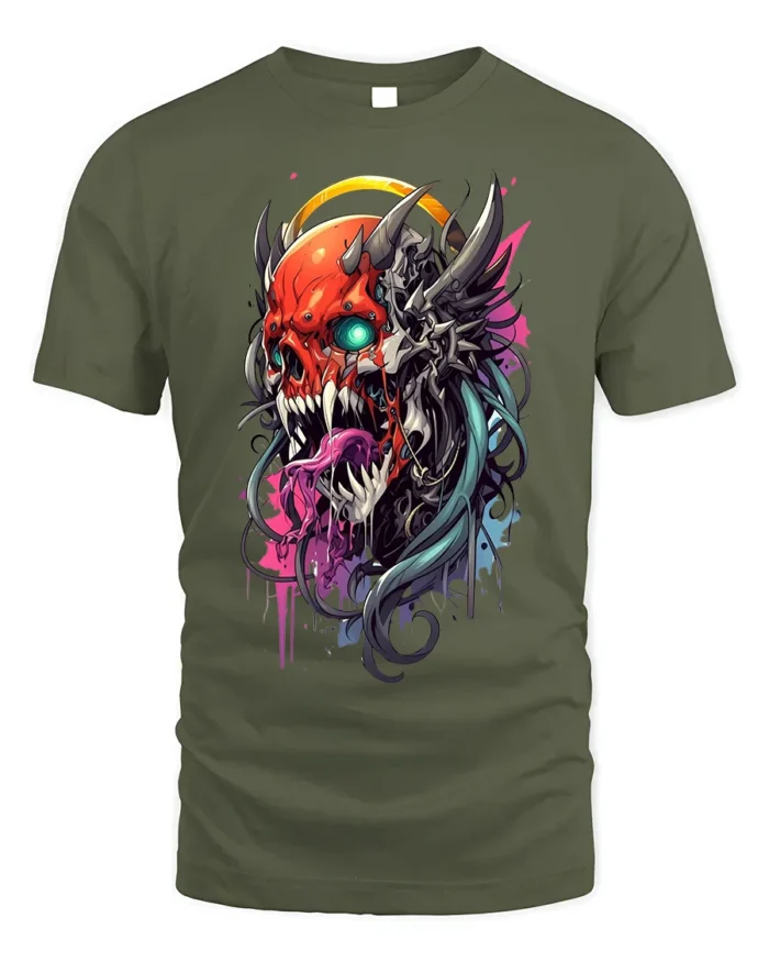 Demon Skull T-Shirt with Neon Tongue and Glowing Eyes - military green t-shirt on white background