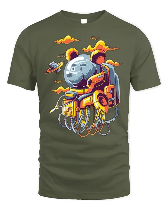 Space Bear Astronaut T-Shirt with Robot Suit Artwork - military green t-shirt on white background