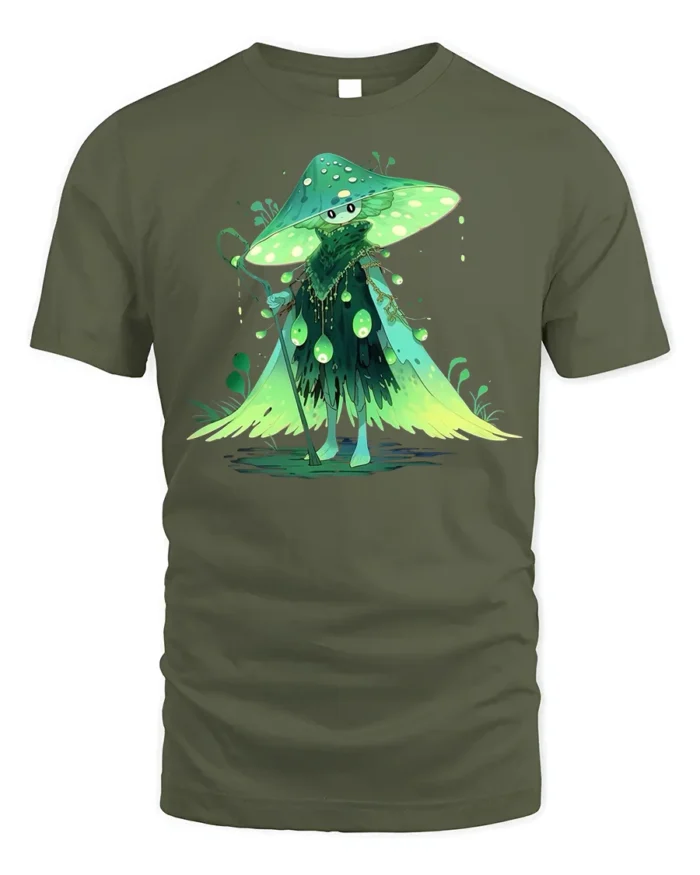 Forest Mushroom Wizard T-Shirt with Enchanted Green Cloak - military green t-shirt on white background