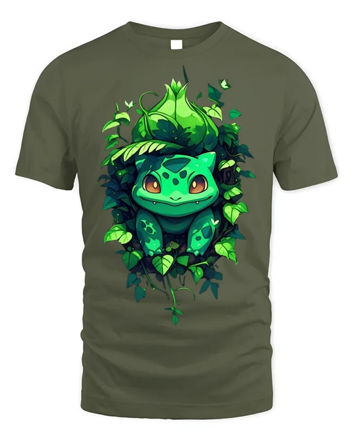 Cute Bulba Inspired T-Shirt Jungle Leaf Creature Design - military green t-shirt on white background