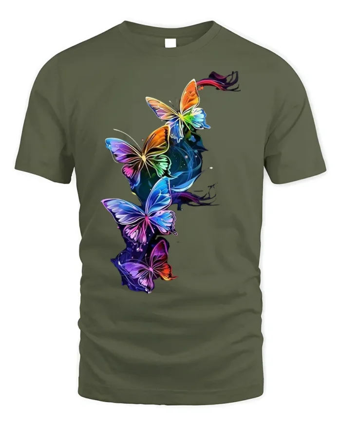 Colorful Butterfly Galaxy T-Shirt with Vibrant Art Print - military green t-shirt on white background