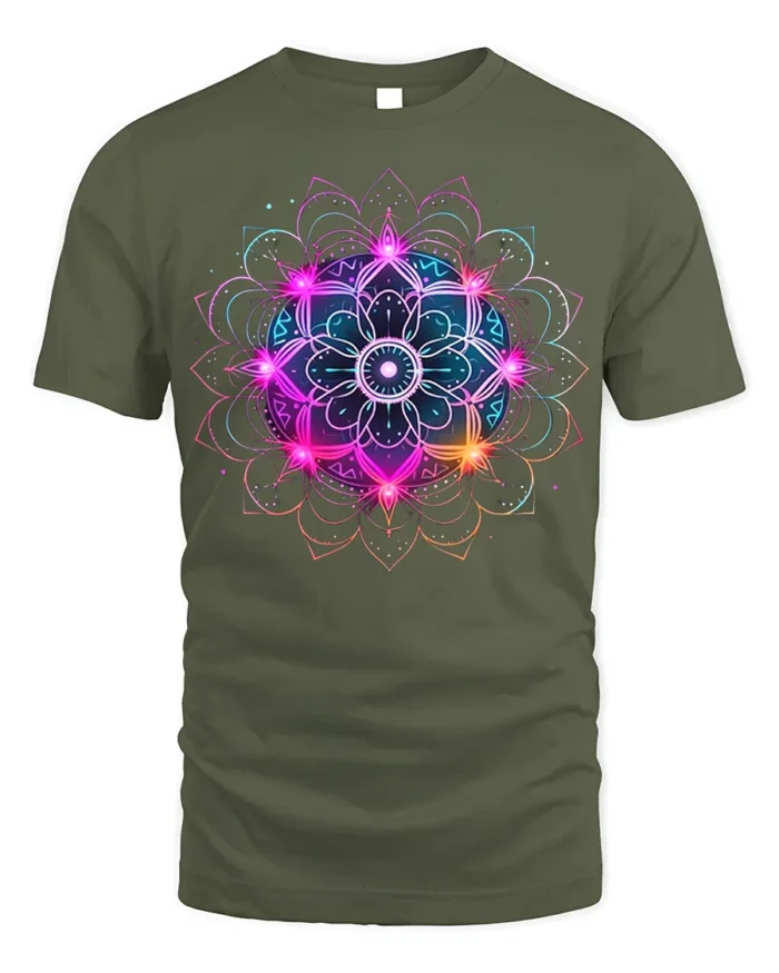 Vibrant Mandala Energy T-Shirt Neon Spiritual Art - military green t-shirt on white background