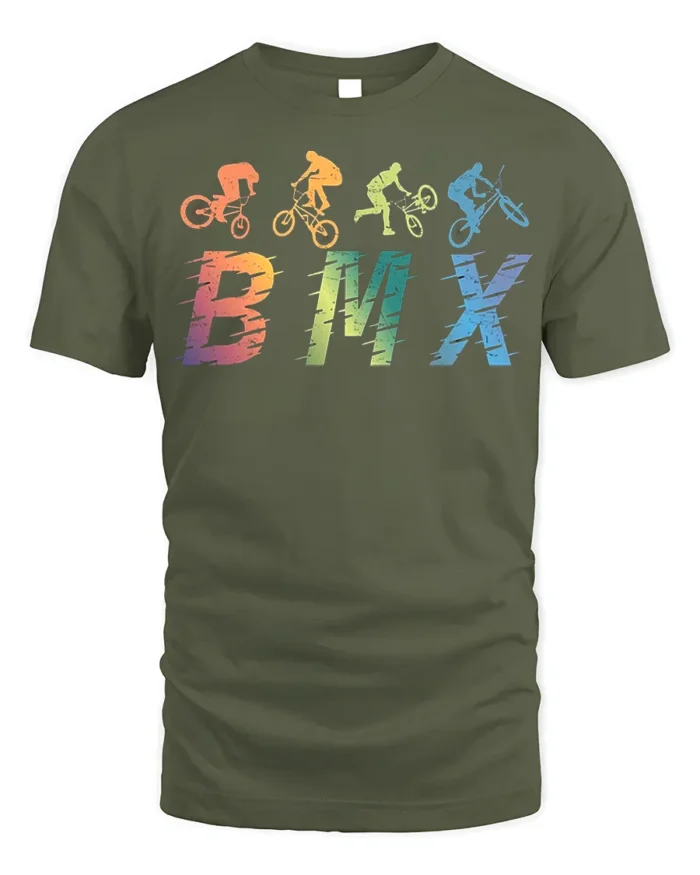 Retro BMX Trick T-Shirt Colorful Bike Rider Silhouette - military green t-shirt on white background