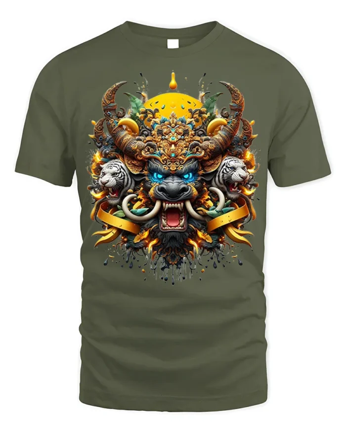 Mythical Beast Warrior T-Shirt Fierce Tribal Animal Art - military green t-shirt on white background
