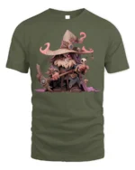 Cute Dark Wizard T-Shirt Cartoon Mage with Skull Staff - military green t-shirt on white background