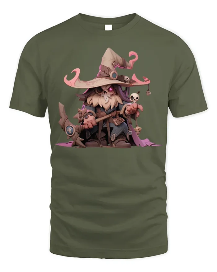 Cute Dark Wizard T-Shirt Cartoon Mage with Skull Staff - military green t-shirt on white background
