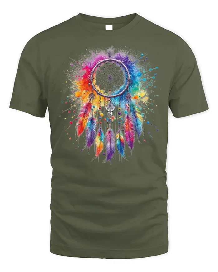 Colorful Dreamcatcher T-Shirt Boho Feather Art - military green t-shirt on white background