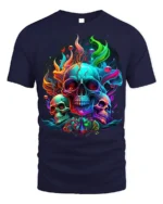 Psychedelic Skull T-Shirt Colorful Gothic Flame Design - navy t-shirt on white background