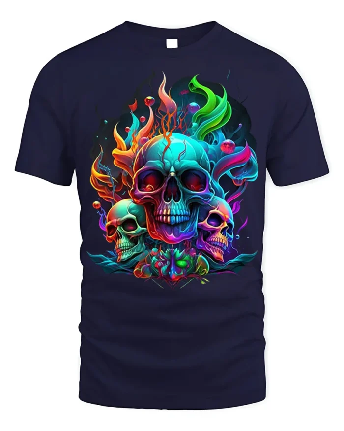 Psychedelic Skull T-Shirt Colorful Gothic Flame Design - navy t-shirt on white background
