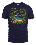 Flamingo Tropical Paradise T-Shirt Island Beach Vibe - navy t-shirt on white background