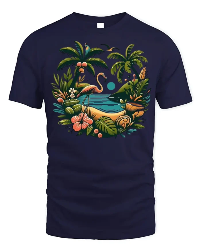 Flamingo Tropical Paradise T-Shirt Island Beach Vibe - navy t-shirt on white background