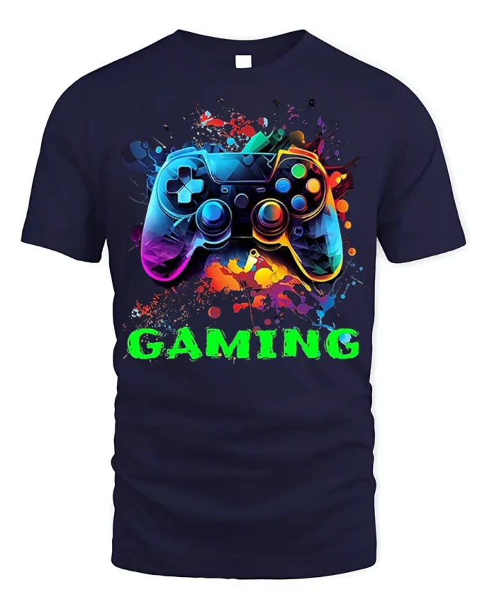 Vibrant Gaming Controller Graphic T-Shirt for Gamers - navy t-shirt on white background
