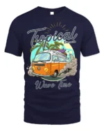Tropical Beach Surf Van T-Shirt with Vintage Summer Vibe - navy t-shirt on white background