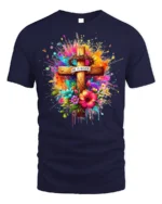 He Is Risen Floral Cross T-Shirt with Color Splash Design - navy t-shirt on white background