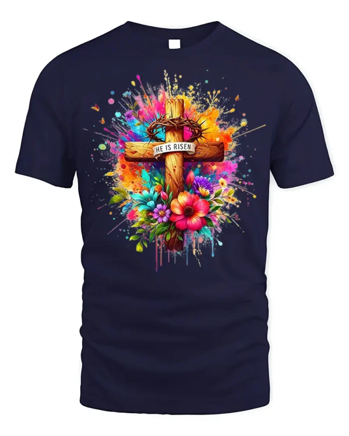 He Is Risen Floral Cross T-Shirt with Color Splash Design - navy t-shirt on white background