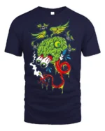 Trippy Brain Cartoon T-Shirt with Flying Eyeballs Design - navy t-shirt on white background