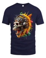 Cyberpunk Lion Skull T-Shirt with Futuristic Headphones - navy t-shirt on white background