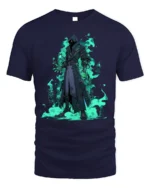 Shadow Mage Fantasy T-Shirt with Glowing Green Flames - navy t-shirt on white background