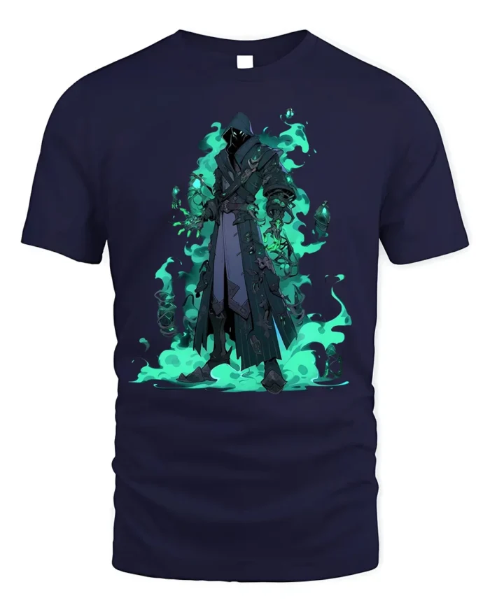 Shadow Mage Fantasy T-Shirt with Glowing Green Flames - navy t-shirt on white background