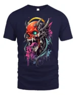 Demon Skull T-Shirt with Neon Tongue and Glowing Eyes - navy t-shirt on white background