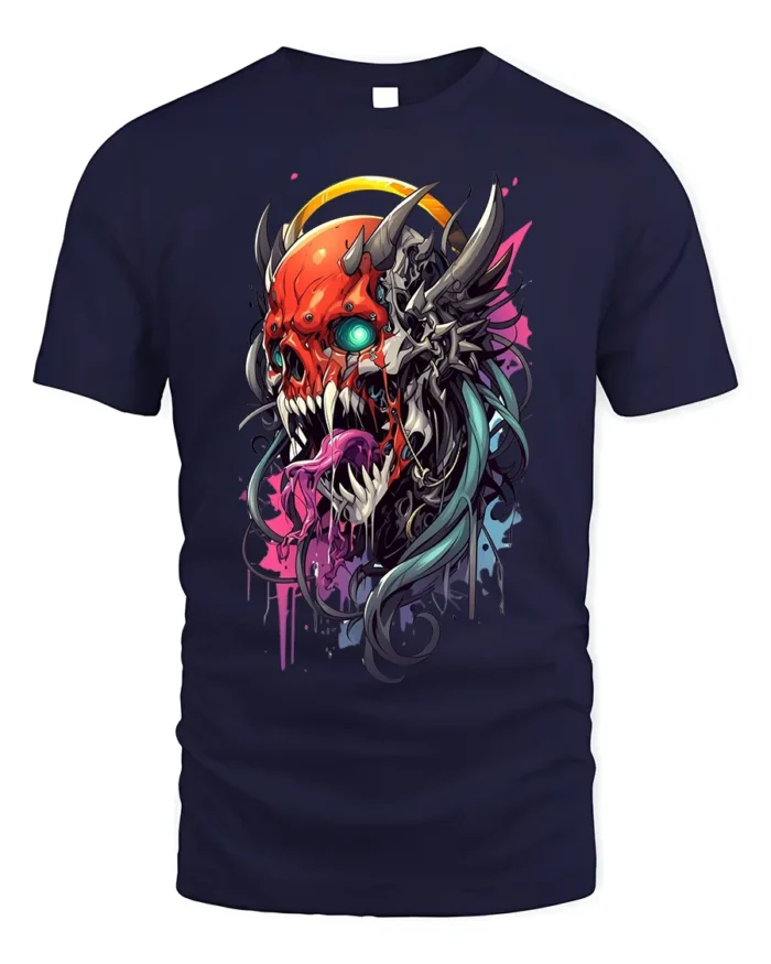 Demon Skull T-Shirt with Neon Tongue and Glowing Eyes - navy t-shirt on white background