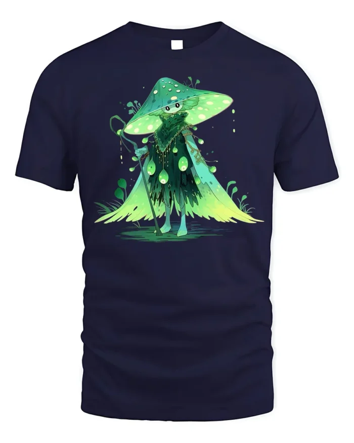 Forest Mushroom Wizard T-Shirt with Enchanted Green Cloak - navy t-shirt on white background