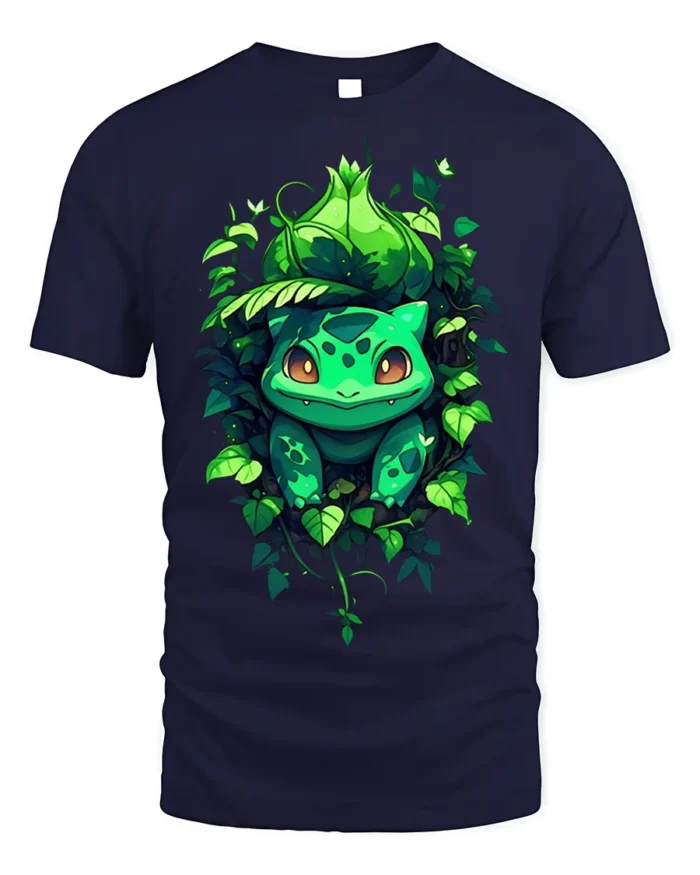 Cute Bulba Inspired T-Shirt Jungle Leaf Creature Design - navy t-shirt on white background