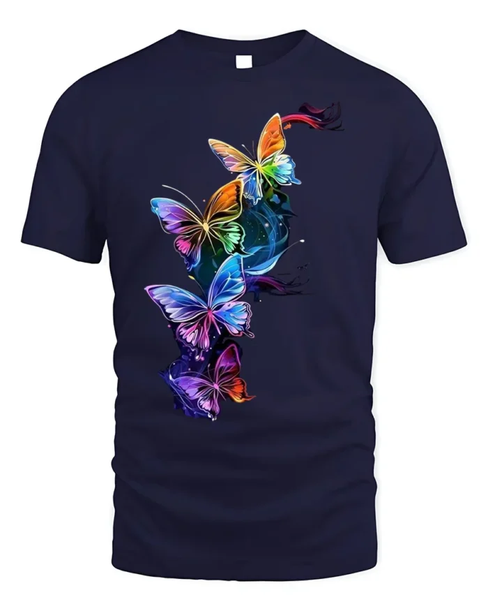 Colorful Butterfly Galaxy T-Shirt with Vibrant Art Print - navy t-shirt on white background