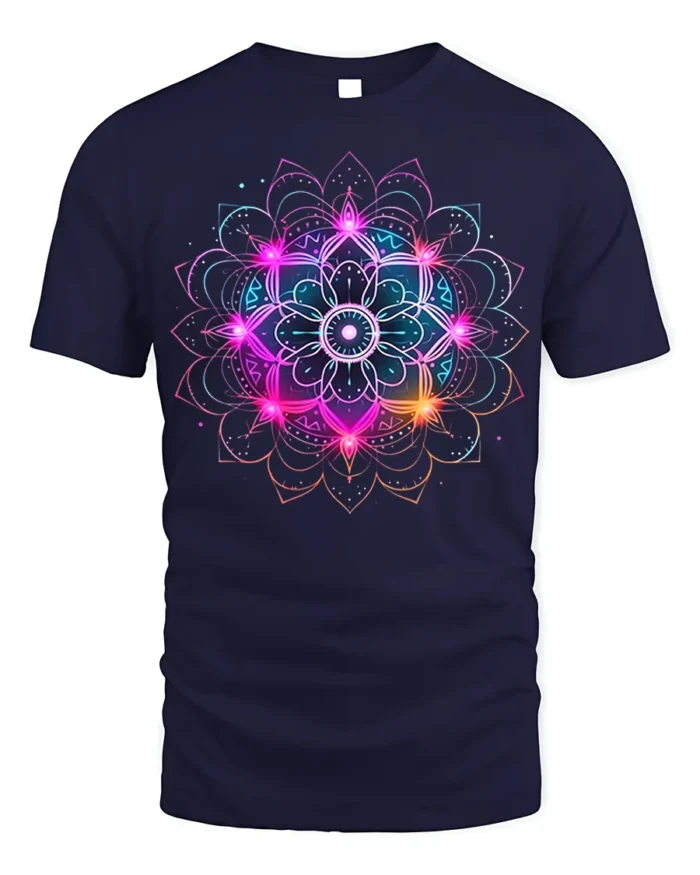 Vibrant Mandala Energy T-Shirt Neon Spiritual Art - navy t-shirt on white background