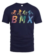 Retro BMX Trick T-Shirt Colorful Bike Rider Silhouette - navy t-shirt on white background