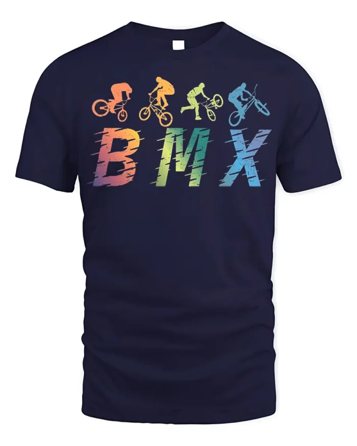 Retro BMX Trick T-Shirt Colorful Bike Rider Silhouette - navy t-shirt on white background