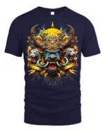 Mythical Beast Warrior T-Shirt Fierce Tribal Animal Art - navy t-shirt on white background