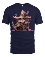 Cute Dark Wizard T-Shirt Cartoon Mage with Skull Staff - navy t-shirt on white background