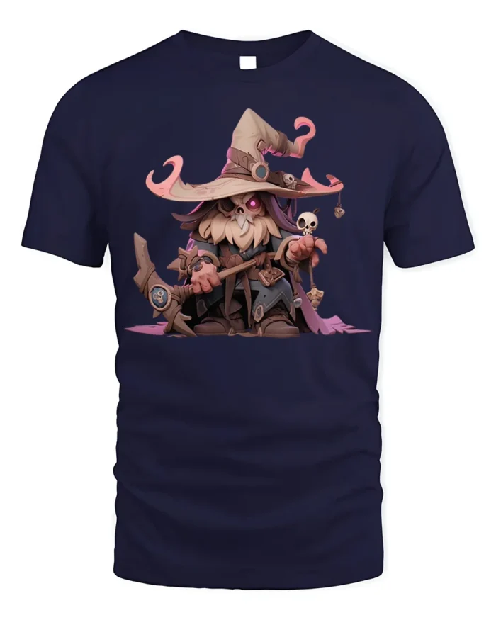 Cute Dark Wizard T-Shirt Cartoon Mage with Skull Staff - navy t-shirt on white background
