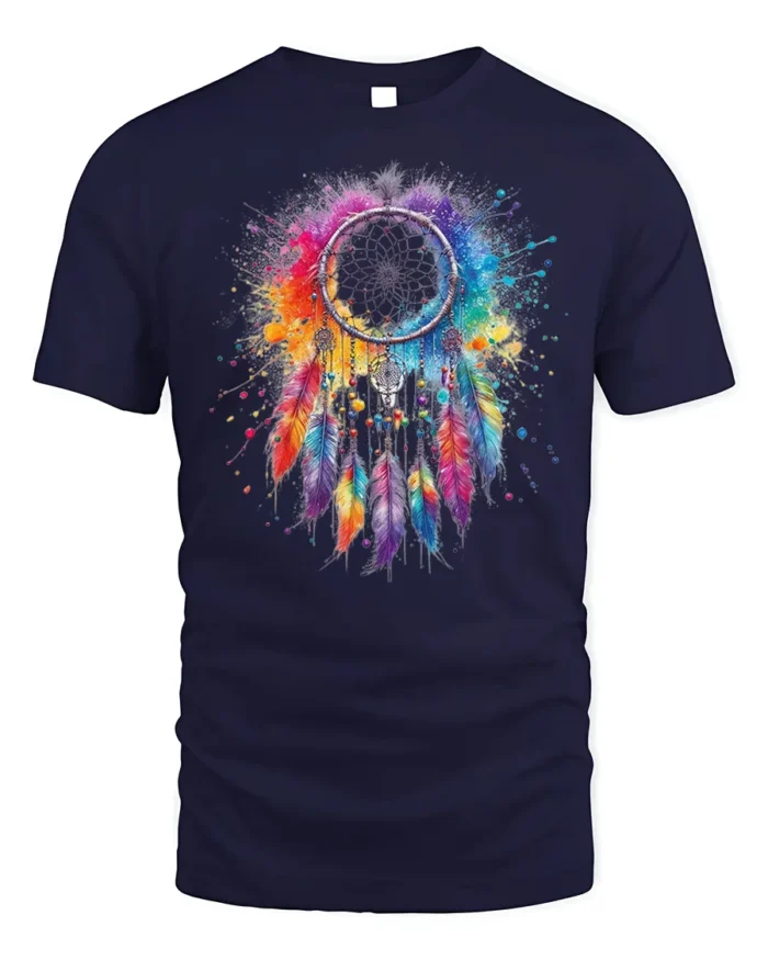 Colorful Dreamcatcher T-Shirt Boho Feather Art - navy t-shirt on white background