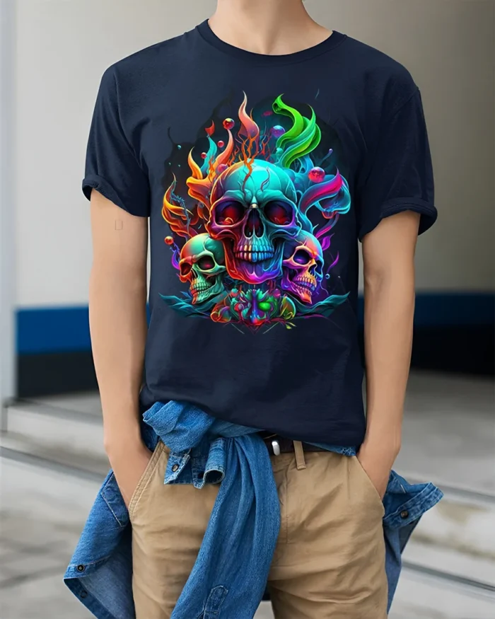 Psychedelic Skull T-Shirt Colorful Gothic Flame Design - model wearing navy shirt, hands in pockets