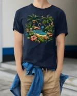 Flamingo Tropical Paradise T-Shirt Island Beach Vibe - model wearing navy shirt, hands in pockets