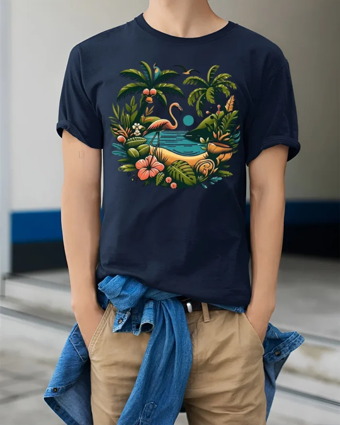 Flamingo Tropical Paradise T-Shirt Island Beach Vibe - model wearing navy shirt, hands in pockets