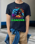 Vibrant Gaming Controller Graphic T-Shirt for Gamers - model wearing navy shirt, hands in pockets