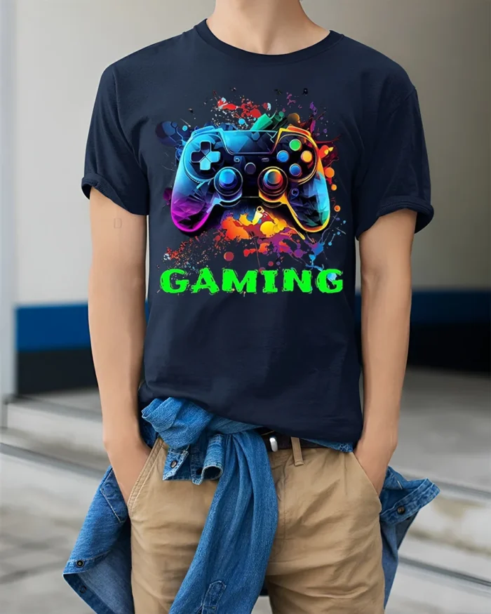 Vibrant Gaming Controller Graphic T-Shirt for Gamers - model wearing navy shirt, hands in pockets