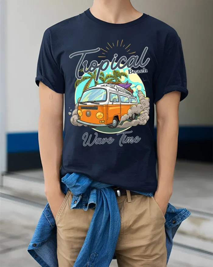 Tropical Beach Surf Van T-Shirt with Vintage Summer Vibe - model wearing navy shirt, hands in pockets