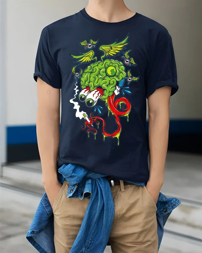 Trippy Brain Cartoon T-Shirt with Flying Eyeballs Design - model wearing navy shirt, hands in pockets